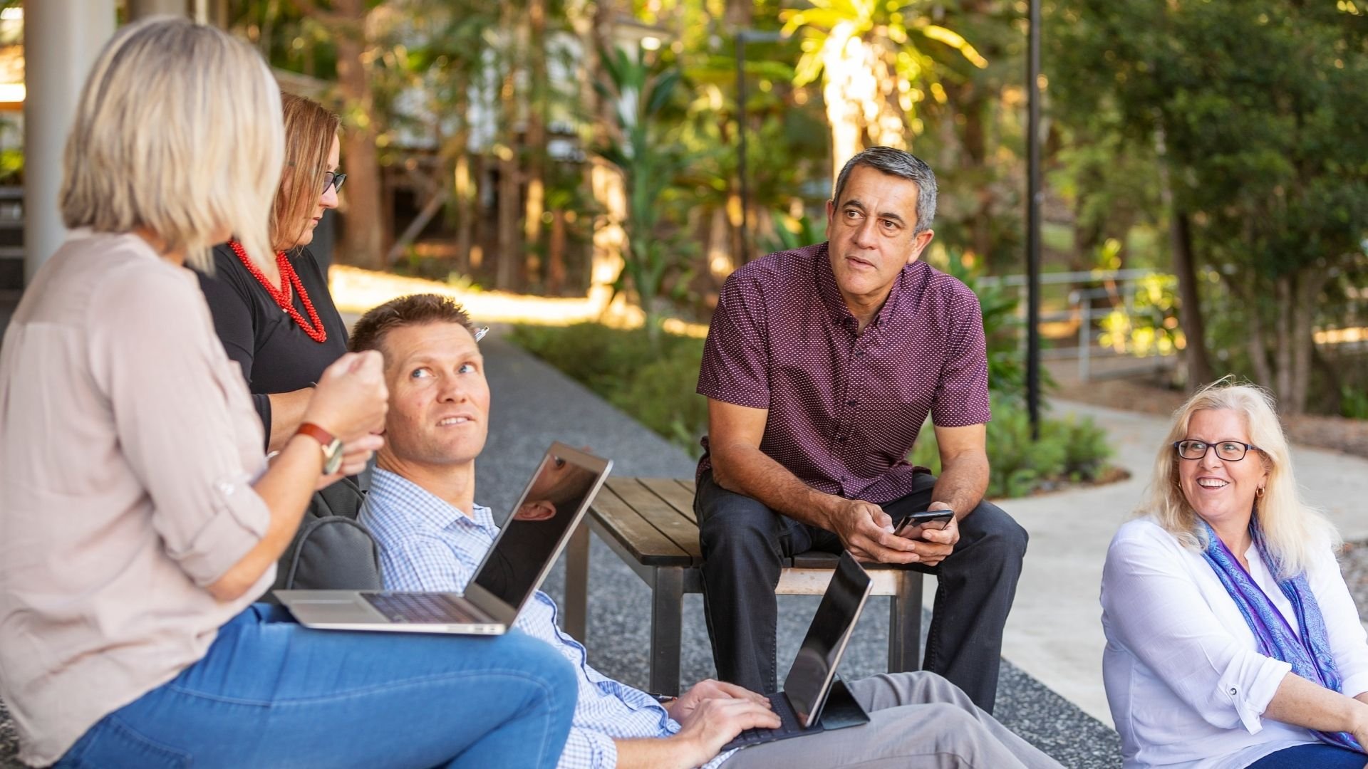 Group in outside business meeting